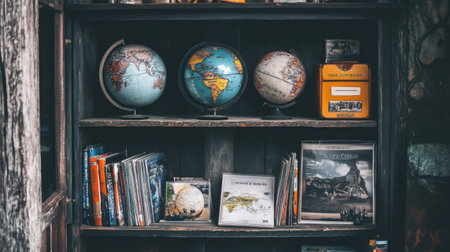 Travel agency shelf filled with globes, travel magazines, and guidebooks for touristsの素材
