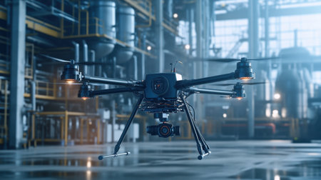 Autonomous drones conducting maintenance checks in a large industrial plantの素材