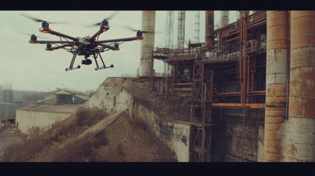 AI-controlled drone fleet inspecting and maintaining industrial sitesの素材