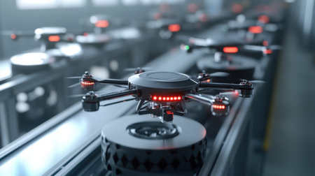 Assembly robots precisely constructing drone parts on a production lineの素材