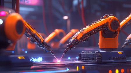 Automated robotic welding arms at work in a state-of-the-art factoryの素材