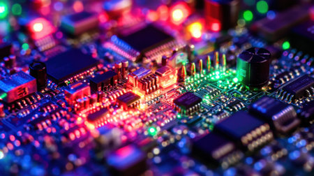 Smart robotic arms assembling electronics under LED factory lightsの素材