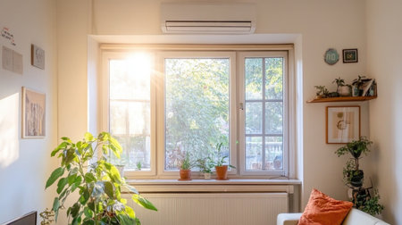 Eco-smart AC system in a well-ventilated living room with temperature regulation controlsの素材