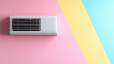 Contemporary wall-mounted AC unit with side vent details on a pastel painted wallの素材
