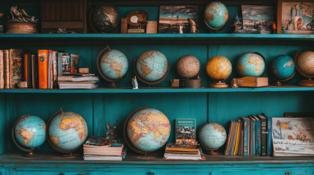 Travel agency shelf filled with globes, travel magazines, and guidebooks for touristsの素材