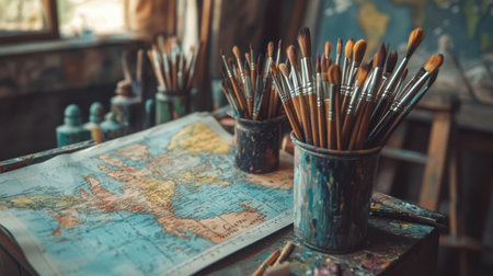 View of an art festival map surrounded by paintbrushes and pastel crayonsの素材