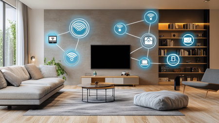 Interior design shot of a modern home featuring quiet inverter AC and smart sensorsの素材