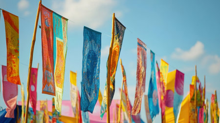 Traditional festival banners blowing in the wind next to colorful pavilionsの素材