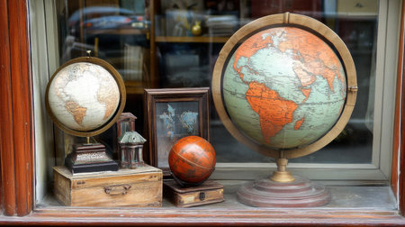 Travel-themed window display featuring exciting global tour dealsの素材