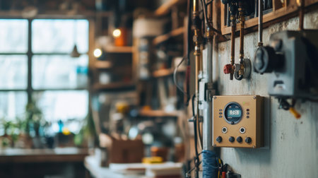 Wall-mounted temperature controller with humidity and weather integration visibleの素材