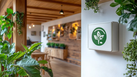 White wall-mounted air conditioner with eco symbol on screen in a sustainable home settingの素材