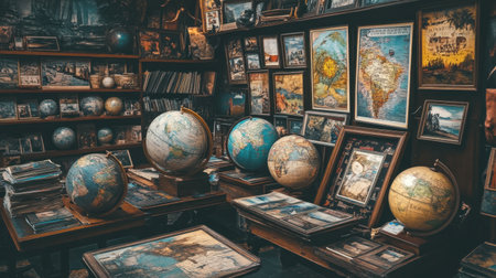 Travel agency themed decor with globes, maps, and framed travel posters on wallsの素材