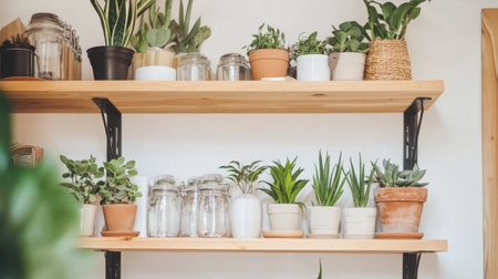 Environmentally conscious home interior with energy-saving AC above light wood shelvingの素材