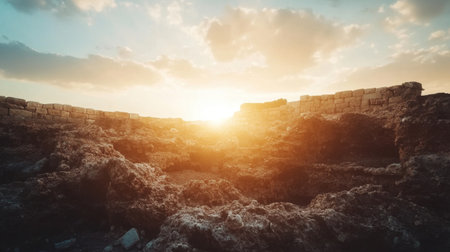 Sunlight shining on ancient stone walls of a cultural site in the desertの素材