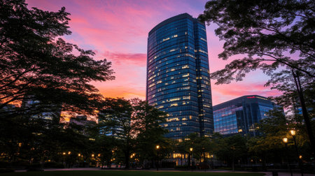 Tall office building surrounded by street lights and sunset in the backgroundの素材
