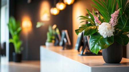 Welcoming hotel reception desk with fresh flowers and polished countersの素材
