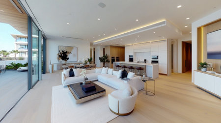 Cool and bright indoor space showcasing inverter AC above custom cabinetryの素材