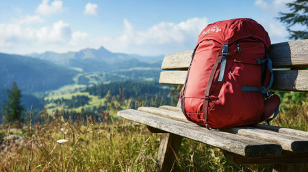 Travel backpack resting against a rustic wooden bench with scenic viewの素材