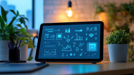 Tablet showing connection graphs between smart plugs, lights, and hubsの素材