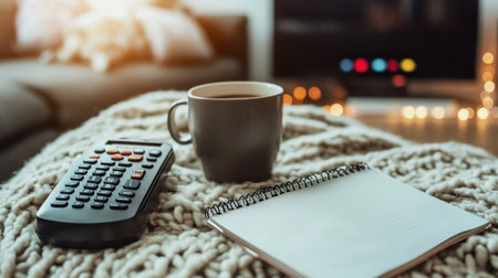 Remote placed beside an empty coffee cup and notepad in a cozy living room cornerの素材