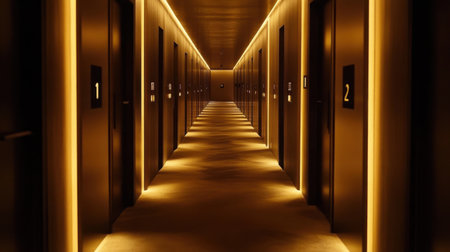 Well-lit corridor in condo building with numbered doors and modern finishesの素材