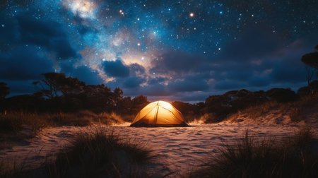 Tent pitched under a sky full of stars in a remote landscapeの素材