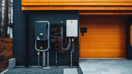 Outdoor shot showing HVAC system behind a home garage, tidy cables and pipes securedの素材