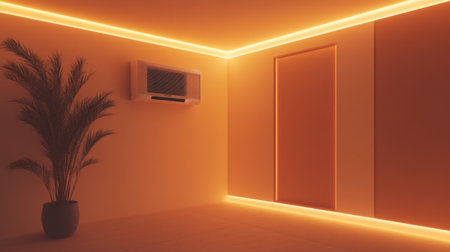 Interior corner view showing a slim inverter AC unit blending with soft, warm lightingの素材