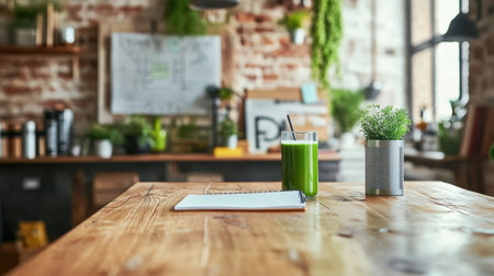 Balanced workspace with laptop, green juice, notepad, and diffuser on modern deskの素材