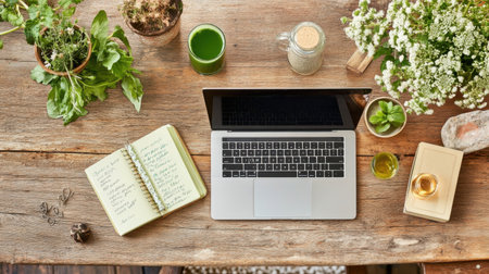 Balanced workspace with laptop, green juice, notepad, and diffuser on modern deskの素材