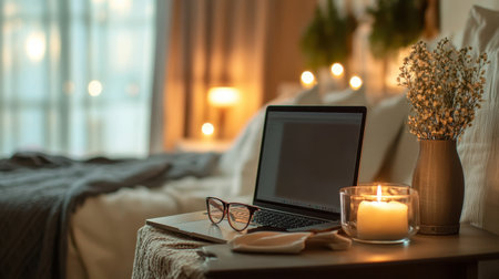 Bedside table with laptop, candle, and glasses ready for late-night remote workの素材