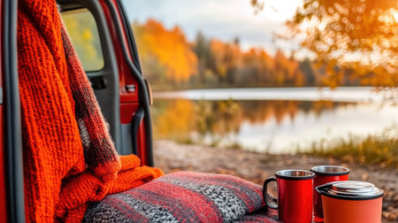 Camper van parked near lake with open back doors showing blankets and travel mugsの素材