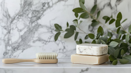 Clean bathroom vanity with bamboo brush, handmade soap, and greeneryの素材