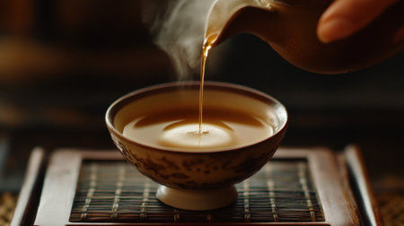 Close-up of espresso being brewed into a tiny cup with steam rising and warm lightingの素材