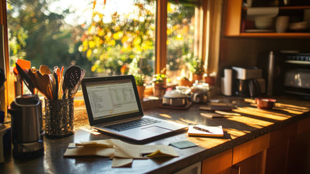 Bright kitchen island with remote work setup, laptop, notes, and coffeeの素材