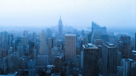 City skyline shot through a modern glass window with condensation from morning coffeeの素材