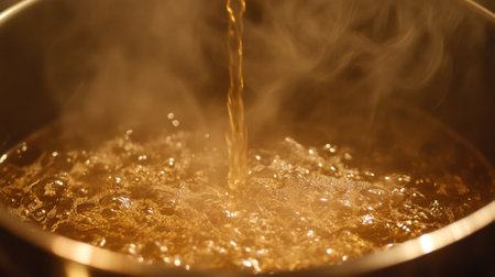 Close-up of espresso being brewed into a tiny cup with steam rising and warm lightingの素材