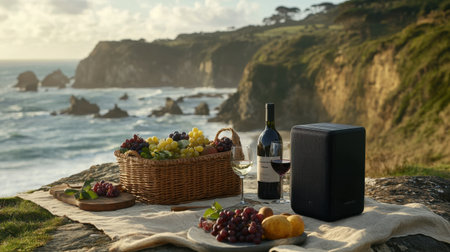 Coastal cliff picnic with wine, fruit basket, and portable speakerの素材