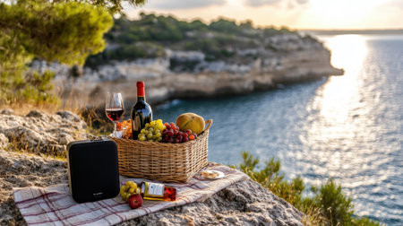 Coastal cliff picnic with wine, fruit basket, and portable speakerの素材