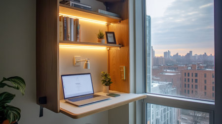 Compact foldable desk in apartment corner with clean laptop setup and LED lightの素材