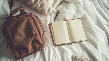 Flat lay of minimalist travel essentials passport, bag, and journal on white beddingの素材