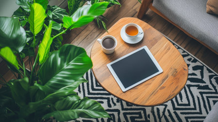 Coffee table with tablet, planner, and cup of tea in a quiet corner of the living roomの素材