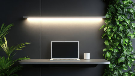 Compact foldable desk in apartment corner with clean laptop setup and LED lightの素材