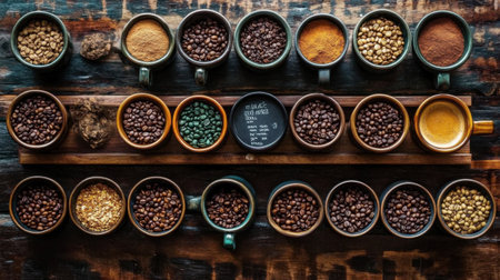 Coffee shelf with different bean blends, mugs, and small chalkboard descriptionsの素材