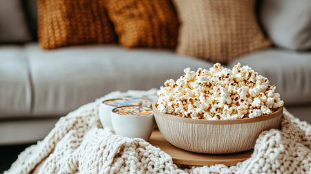 Family night setup with blankets, popcorn bowls, and board game ready on coffee tableの素材