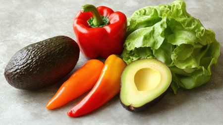 Crisp lettuce, bell peppers, and avocado laid out for salad preparationの素材