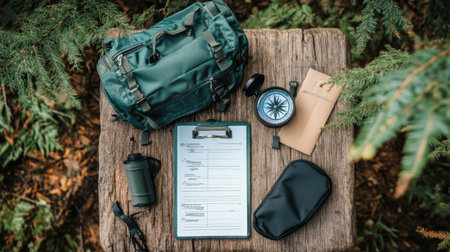 Flat lay of camping checklist, compass, and waterproof bag on wooden tableの素材