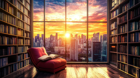 Cozy nook with books and a city view framed by large glass windows at twilightの素材