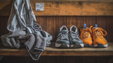 Daily workout gear including towel, shoes, and gym pass placed on locker room benchの素材