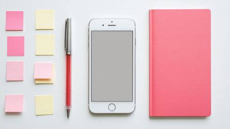 Flat lay of productivity tools phone, mouse pad, journal, pen, and post-itsの素材